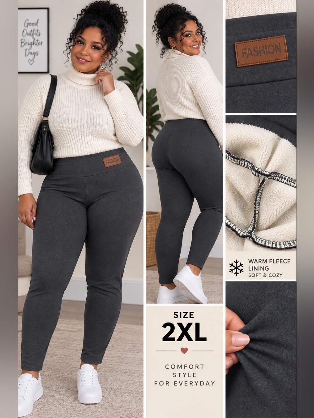 Fashion Women’s Fleece-Lined Leggings – Size 2XL – Charcoal Gray